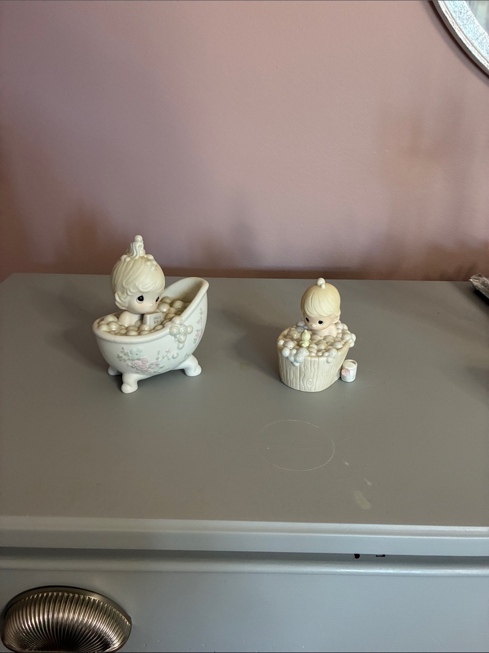 Precious Moments Cream Ceramic Bath Figurine Duo with Pastel Accents